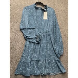 Chic Style Polka Dot Dress Women M Blue Tie Neck Ruffle‎ Mini Romantic Flowy